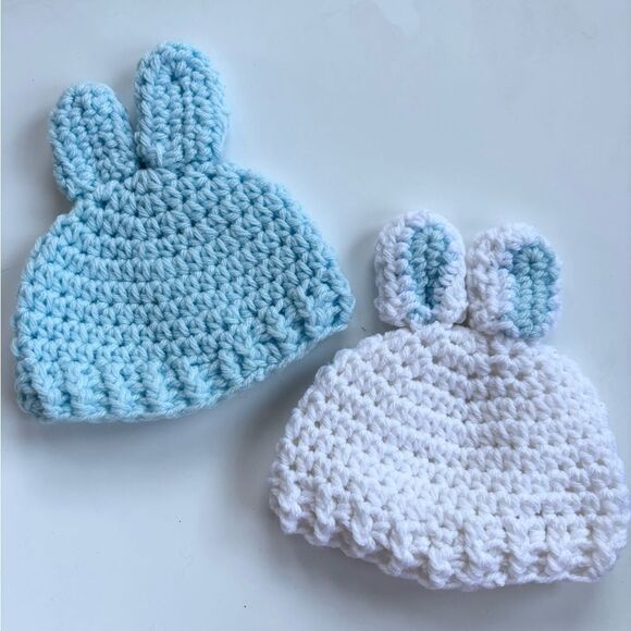 Bunny Crochet Baby Hat Set of 2 Blue 0-3 Mon - Picture 5 of 6